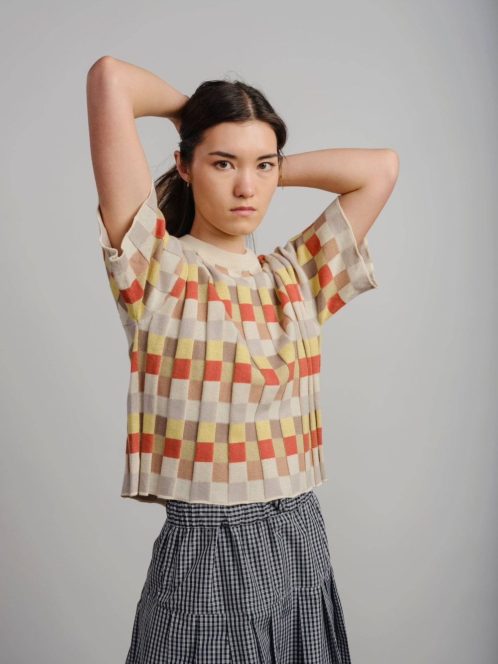 The Endery Checked Short-Sleeve Knit Top in Cream, Yellow & Rust